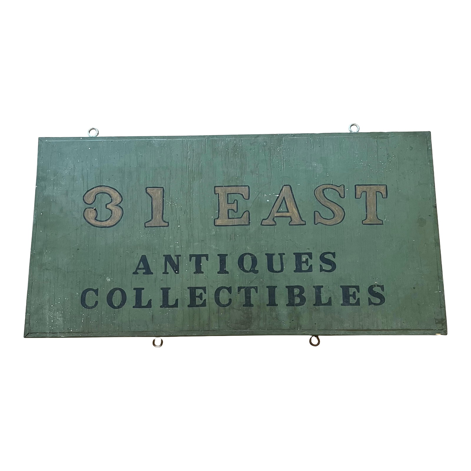 Large Antique Store Sign Wood Hand-Painted Vintage Original: This is a vintage early 20th century hand painted on wood hanging sign from an antique and collectible store. Perfect for inside decor. The color is a sage green color with gold letters outlined in