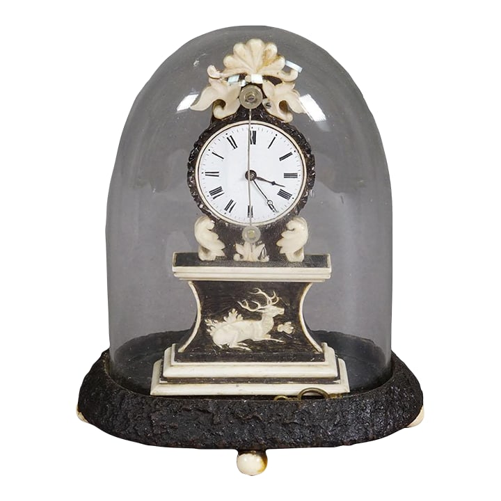 Antique Mantel Clock Under Glass Dome, Ca. 1870: Antique Mantel Clock under Glass Dome, ca. 1870 This is a finely crafted mantel clock from around 1850–1880, housed under a rounded glass dome on a textured base resembling tree bark. The clock 
