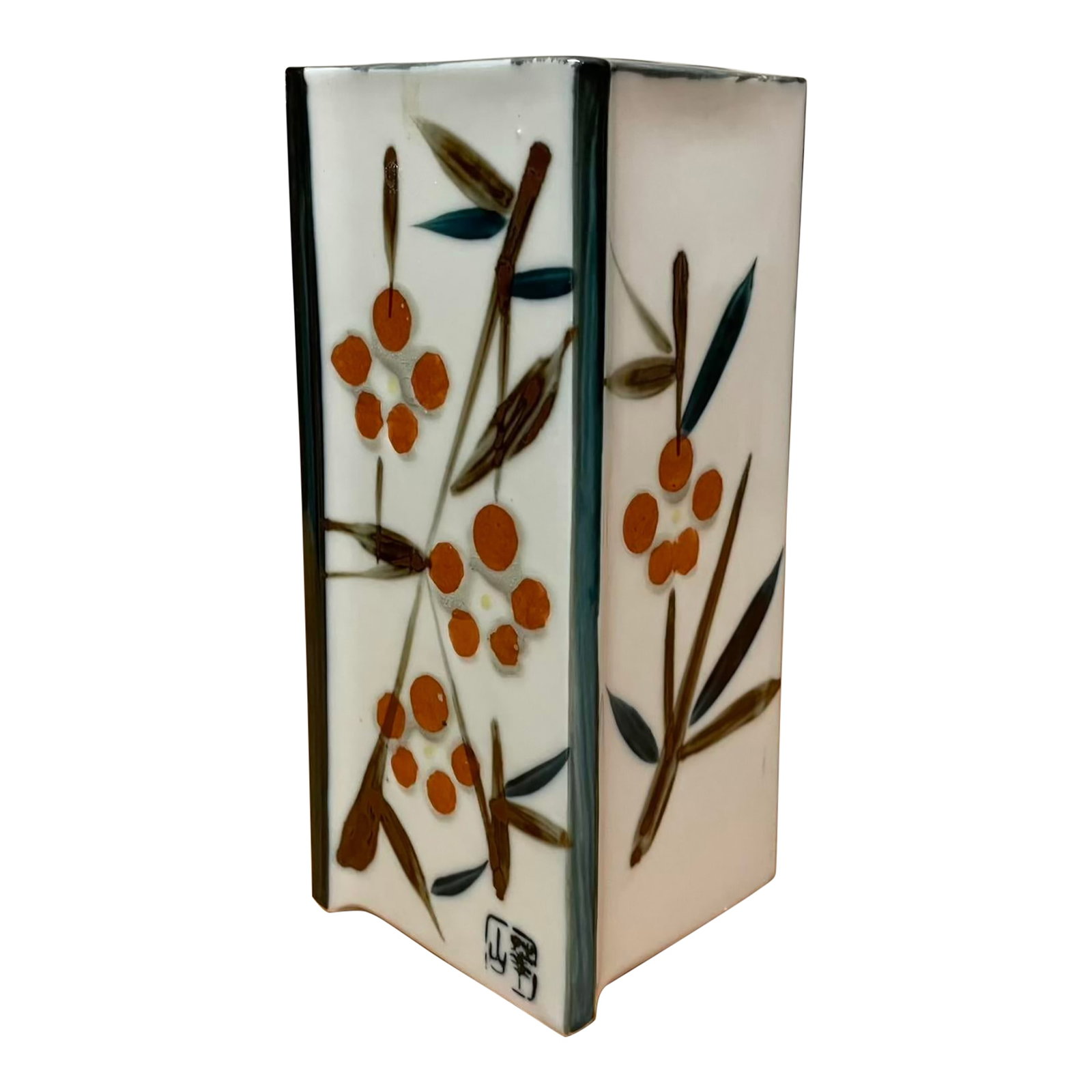 Japanese Hand-Painted Porcelain Vase With Floral Motif - Canted-Corner Square Form: A distinctive Japanese porcelain vase in a rare canted-corner square form, where each side is recessed at the corners, giving the impression of four panels joined at alternating angles. The crisp