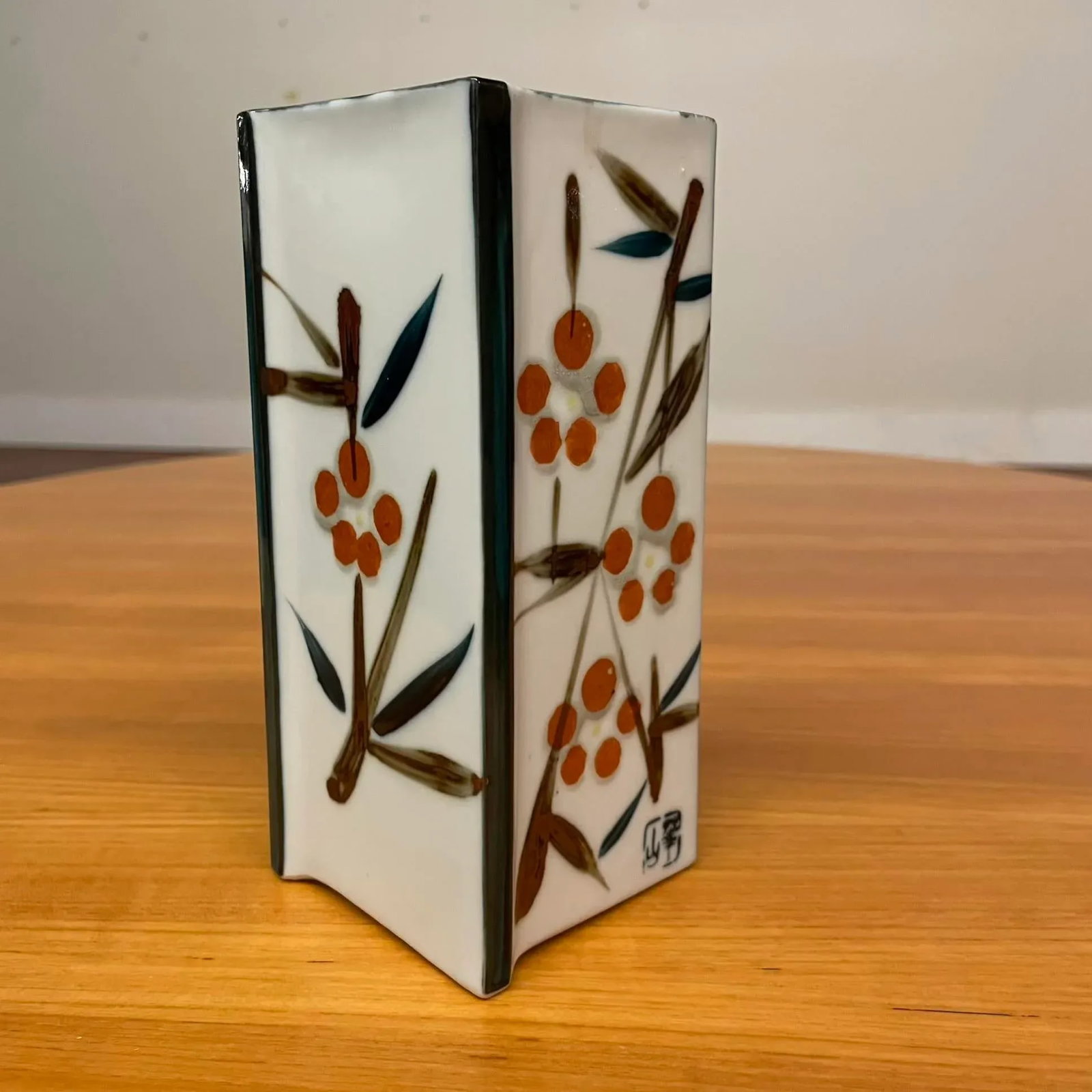 Japanese Hand-Painted Porcelain Vase With Floral Motif - Canted-Corner Square Form - 5