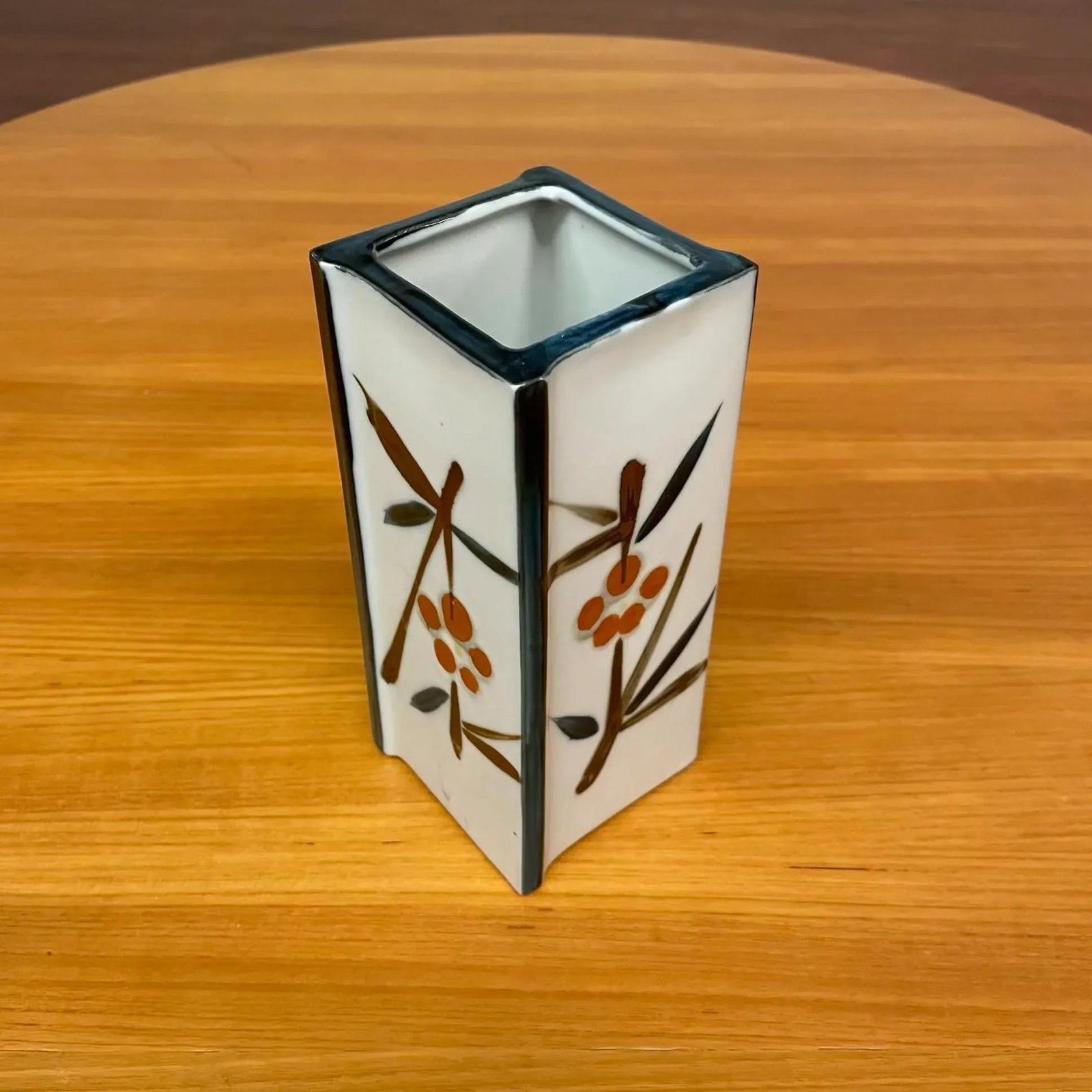 Japanese Hand-Painted Porcelain Vase With Floral Motif - Canted-Corner Square Form - 6