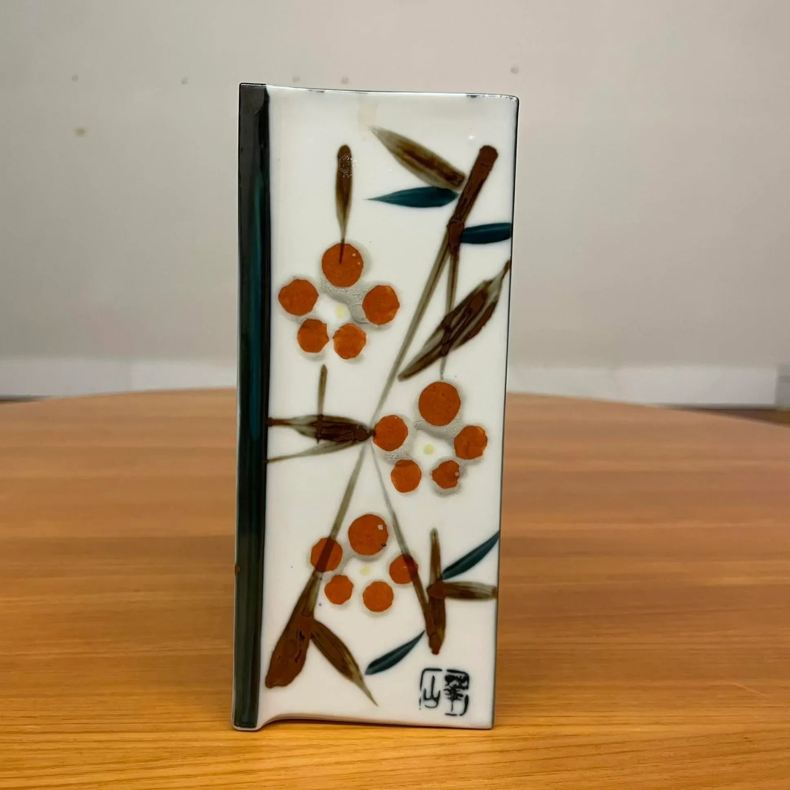 Japanese Hand-Painted Porcelain Vase With Floral Motif - Canted-Corner Square Form - 7