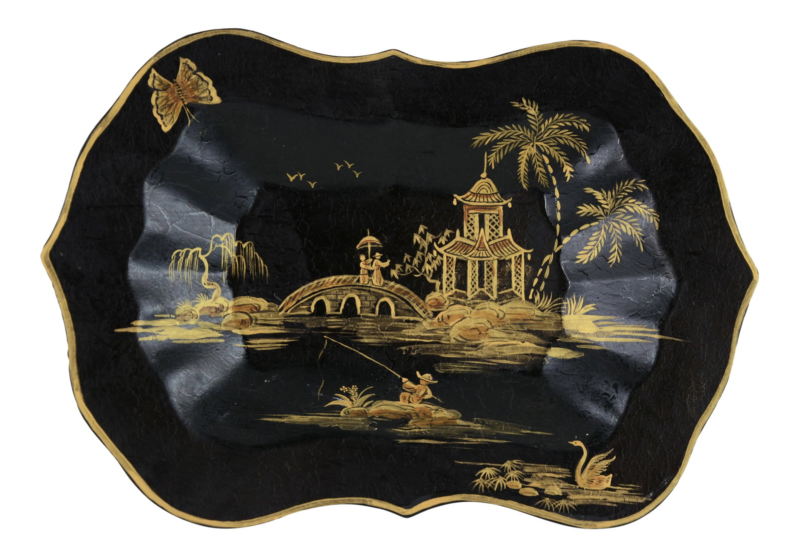 Vintage White Hand Painted Chinoiseries Style Patterned Plate/Tray: Vintage white hand-painted Chinoiserie style series pattern decoration plate, hand-painted pagoda, trees, bridge etc.. Has excellent decorative effects. Size: 9" * 14" * 1" Condition: Alterations: Ori