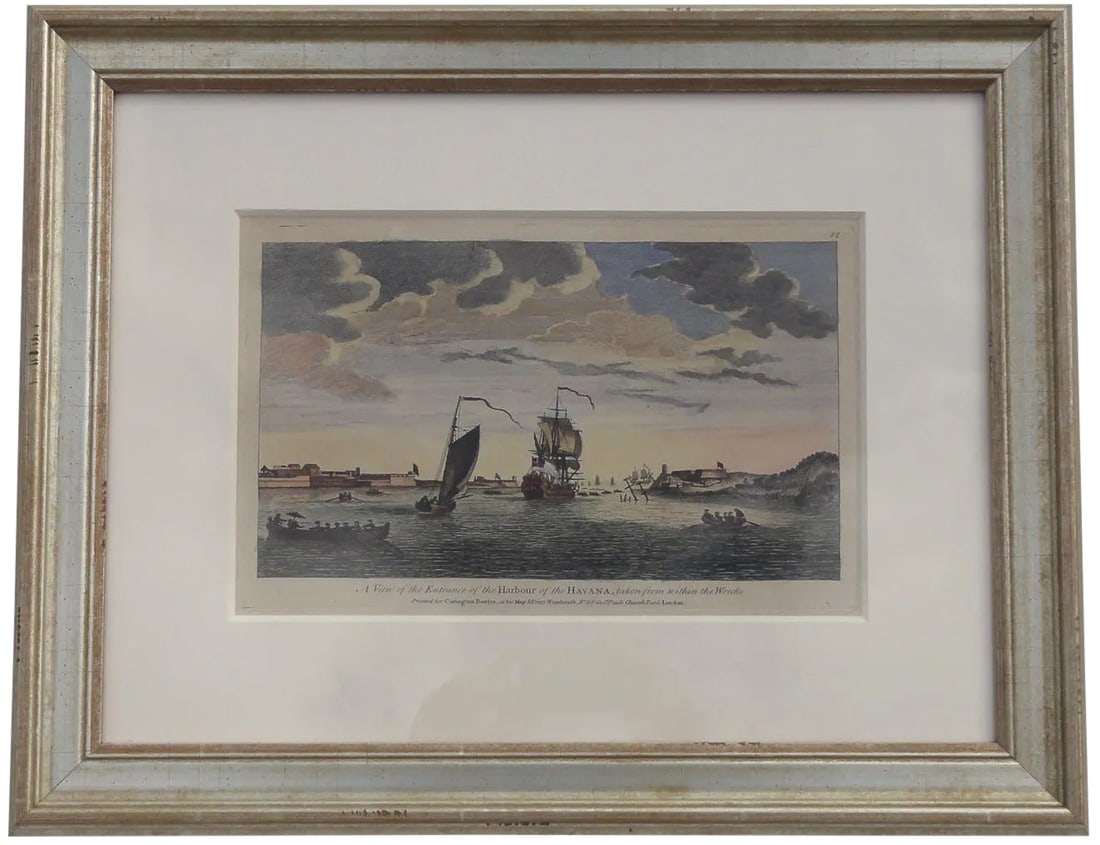 Havana Harbor Original Print by Peter Canot, Framed: Rare, original hand-colored copper engraving by Peter Canot, 1764 of Havana harbor taken from the within the wrecks. Custom Framed in UV-resistant glass. Dimensions: 15" x 19" Please note: If you