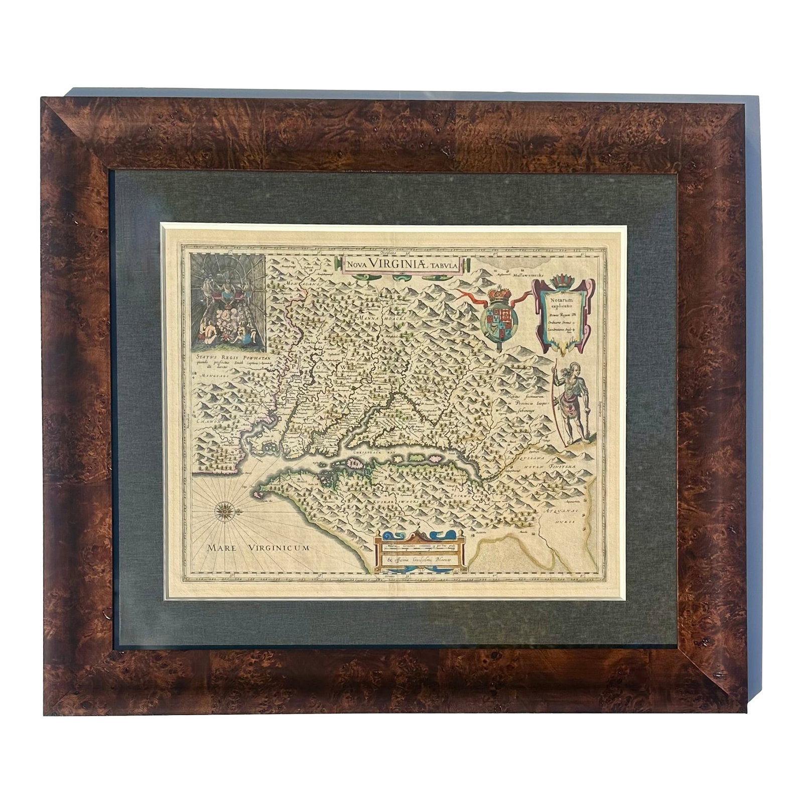 Capt. John Smith's Map of Virginia & Chesapeake Bay, by Blaeu, 1612: Nova Virginiae Tabula. Original copper engraved rare map was derived from Capt. John Smith's map of 1612 was the first to accurately depict the Chesapeake Bay and its tributaries. The early settlement