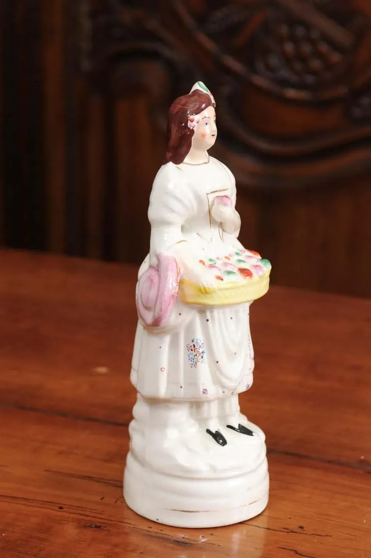 Early 20th Century English Porcelain Decorative Object Depicting Lady With a Floral Basket - 5