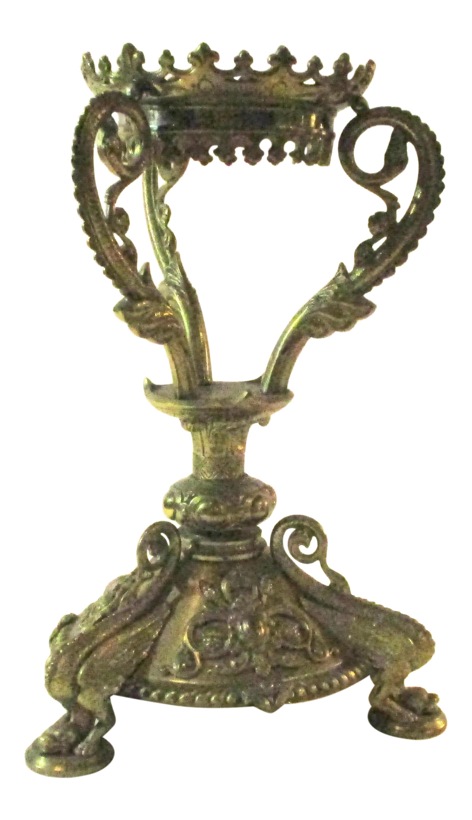 French Bronze Footed Compote Stand Early 20th Century: Gilt Bronze three-footed base in the Gothic revival style is constructed with multiple motifs of the Gothic. Winged dragons for the feet with repeated dragon tail scales forming the upper curls leadin