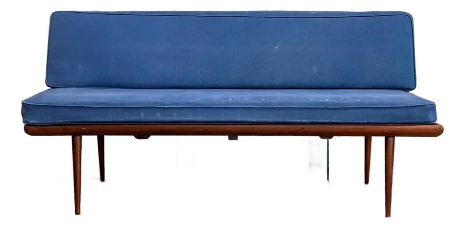 1950s Peter Hvidt Teak Minerva Daybed: Denmark, ca. 1950s. A Minerva Daybed by Peter Hvidt & Orla MÃ¸lgaard Nielsen for France & Son. Features a minimalist solid teak base with supported by turned conical legs (they are