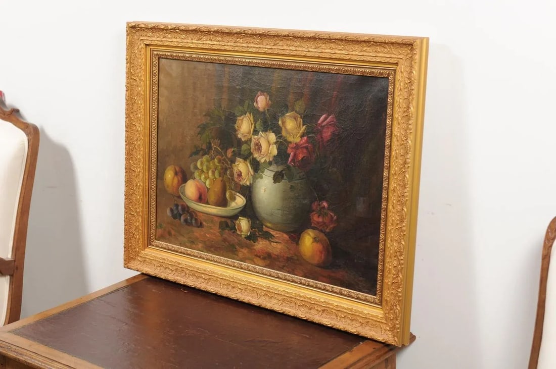 French Napoleon III 1860s Still-Life Oil Painting Depicting Roses and Fruits - 11