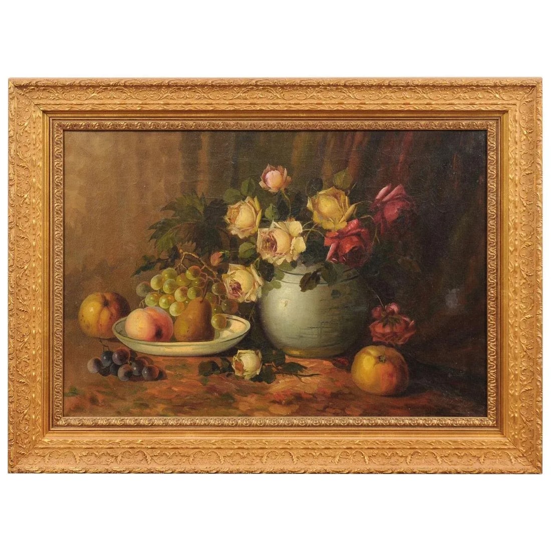 French Napoleon III 1860s Still-Life Oil Painting Depicting Roses and Fruits - 12
