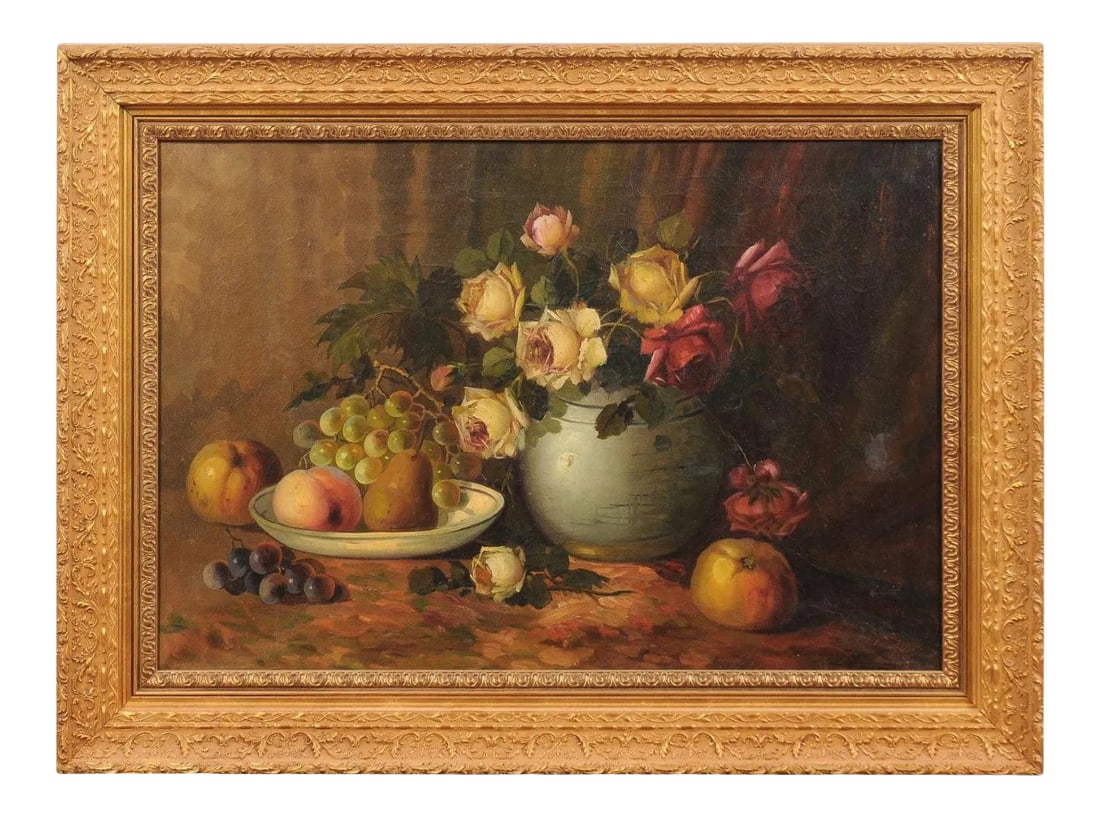 French Napoleon III 1860s Still-Life Oil Painting Depicting Roses and Fruits: A French Napoleon III period oil on canvas still-life painting from the mid-19th century, depicting fruits and flowers in giltwood frame. Born in France during the reign of Emperor Napoleon III, this 
