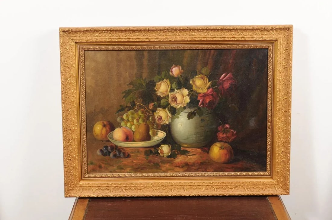 French Napoleon III 1860s Still-Life Oil Painting Depicting Roses and Fruits - 2