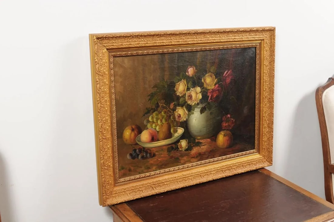 French Napoleon III 1860s Still-Life Oil Painting Depicting Roses and Fruits - 3