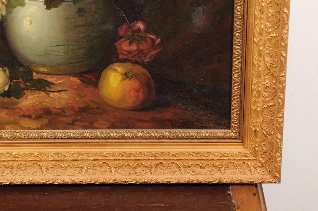 French Napoleon III 1860s Still-Life Oil Painting Depicting Roses and Fruits - 7