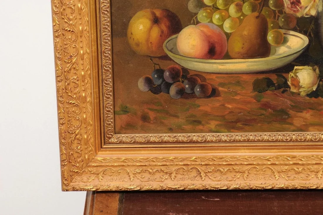 French Napoleon III 1860s Still-Life Oil Painting Depicting Roses and Fruits - 8