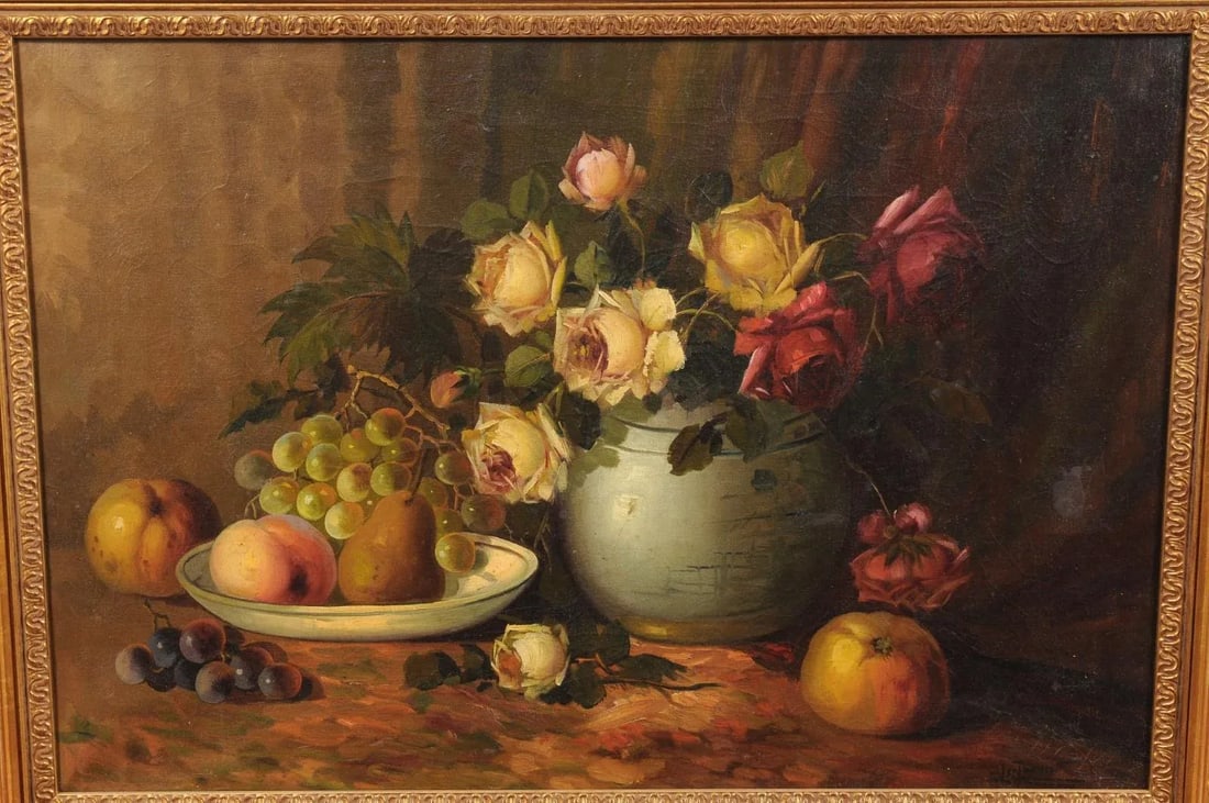 French Napoleon III 1860s Still-Life Oil Painting Depicting Roses and Fruits - 9
