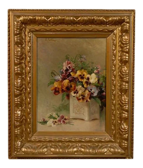 19th Century French Still Life of Pansies Oil Painting, Framed: A French framed and signed oil on board still-life painting from the late 19th century featuring pansies. Born in France during the Belle-Époque era in the later years of the 19th century, this v