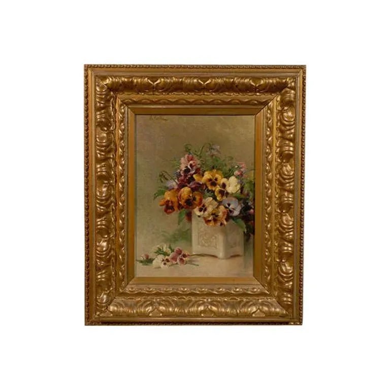 19th Century French Still Life of Pansies Oil Painting, Framed - 7