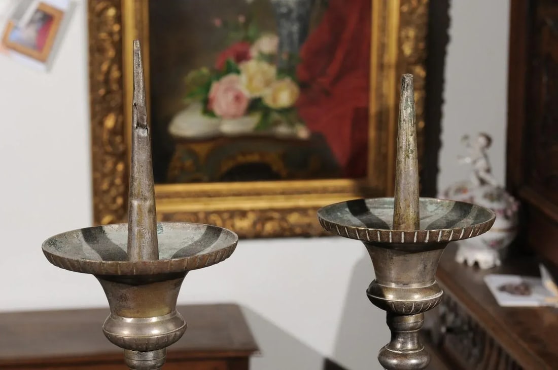 French Louis XV 18th Century Silvered Bronze Candlestick with Paw Feet - A Pair - 10