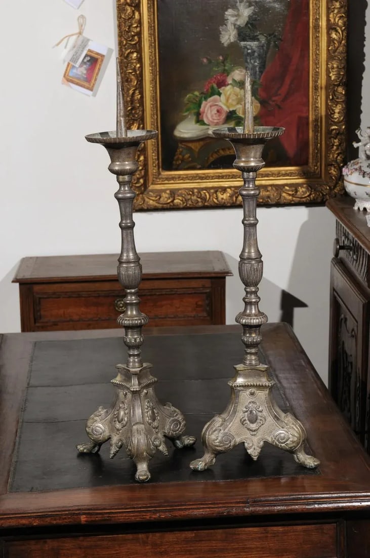 French Louis XV 18th Century Silvered Bronze Candlestick with Paw Feet - A Pair - 11