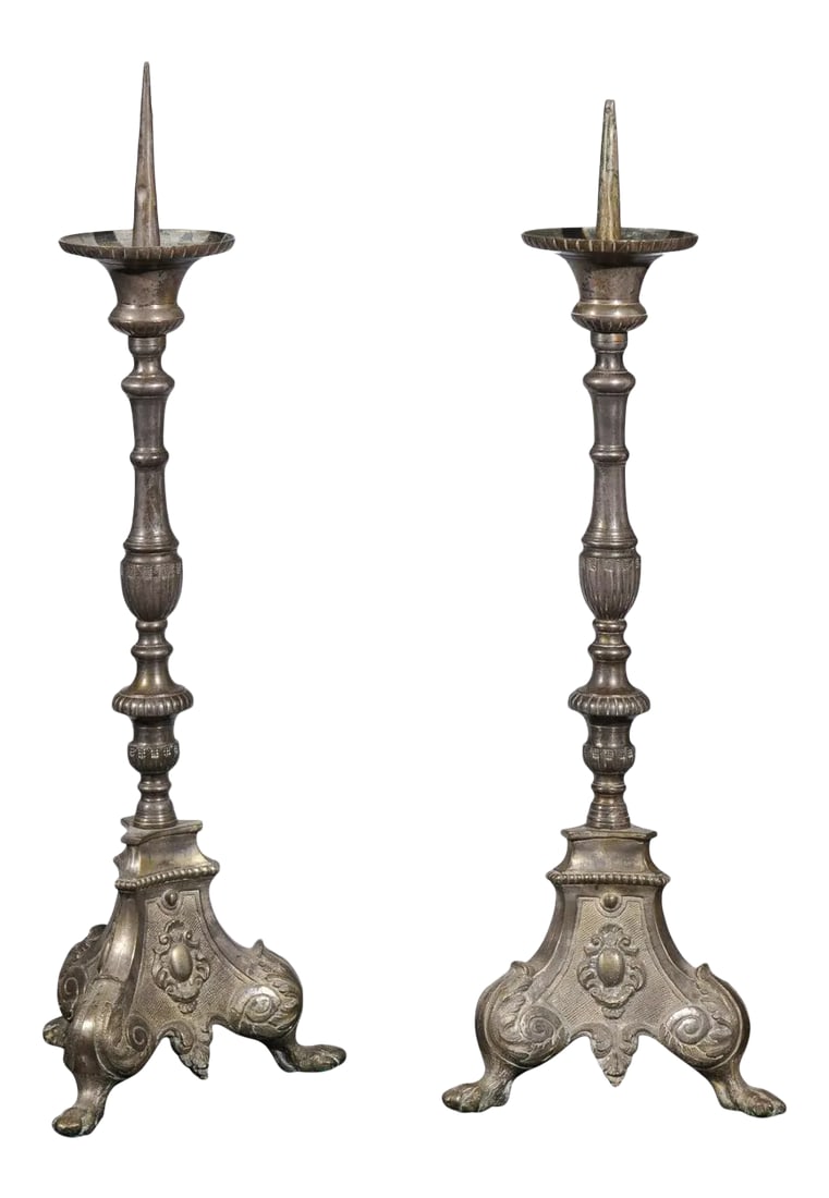 French Louis XV 18th Century Silvered Bronze Candlestick with Paw Feet - A Pair (1 of 12)