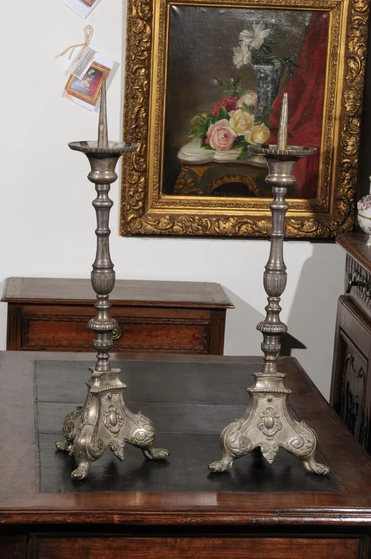 French Louis XV 18th Century Silvered Bronze Candlestick with Paw Feet - A Pair - 2