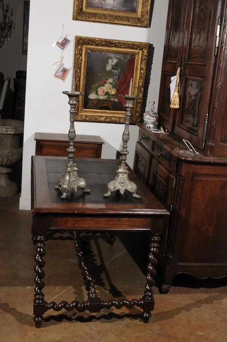 French Louis XV 18th Century Silvered Bronze Candlestick with Paw Feet - A Pair - 4