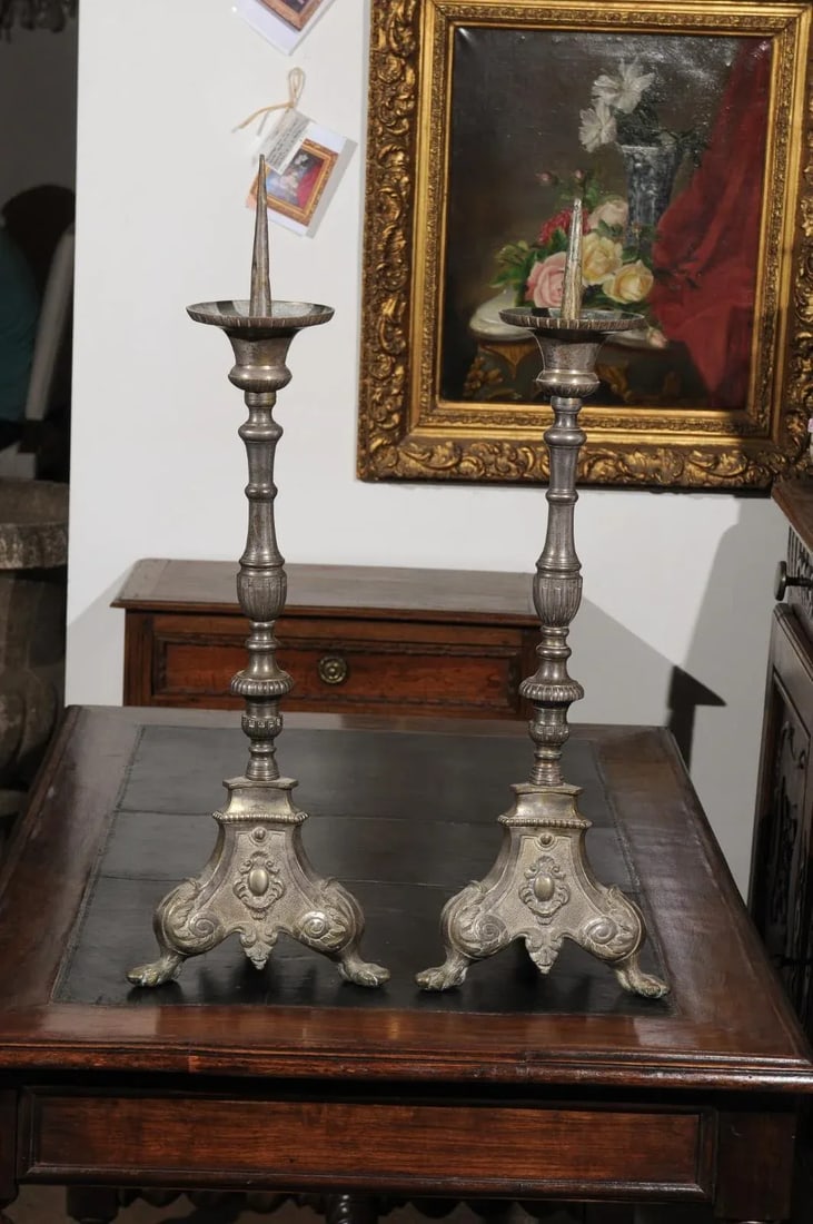 French Louis XV 18th Century Silvered Bronze Candlestick with Paw Feet - A Pair - 5