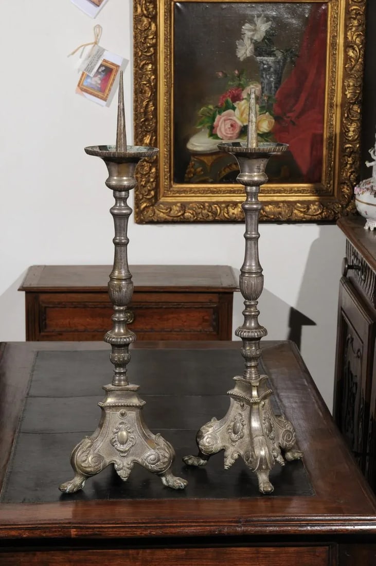 French Louis XV 18th Century Silvered Bronze Candlestick with Paw Feet - A Pair - 6
