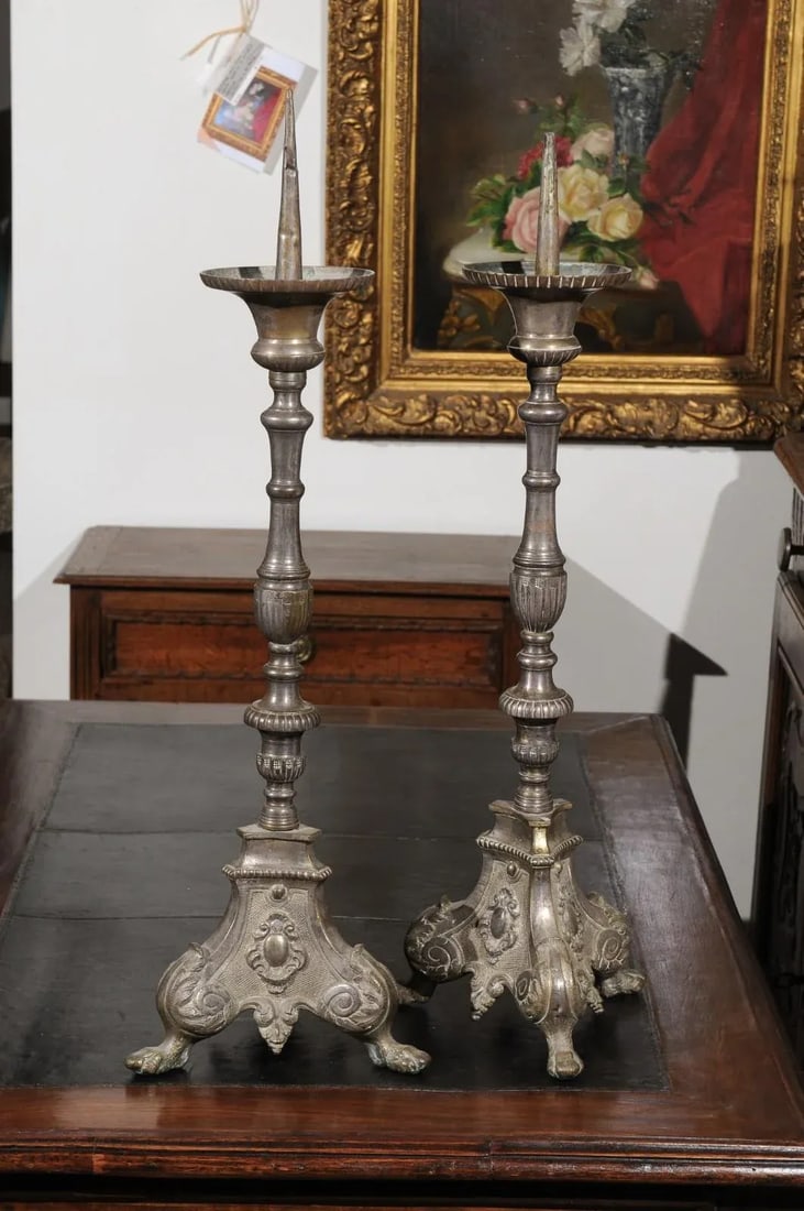 French Louis XV 18th Century Silvered Bronze Candlestick with Paw Feet - A Pair - 8