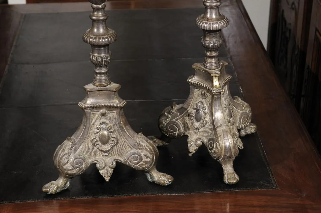 French Louis XV 18th Century Silvered Bronze Candlestick with Paw Feet - A Pair - 9