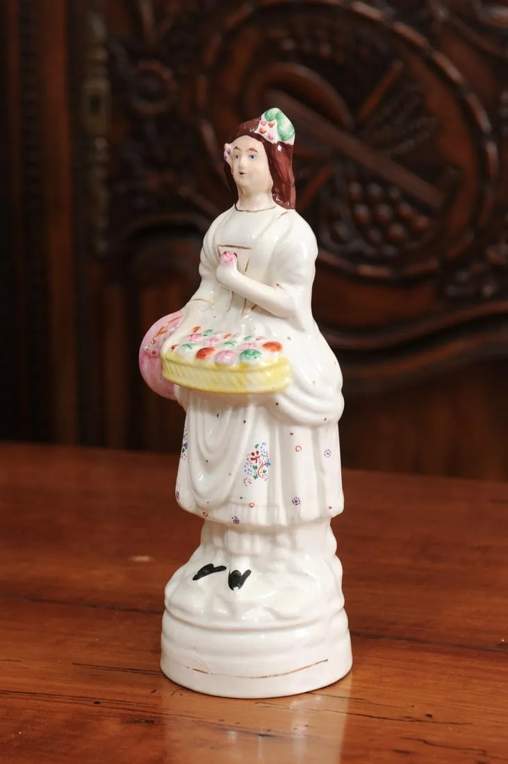 Mid 20th Century Small English Porcelain Decorative Figurine Depicting Lady with Floral Basket - 10