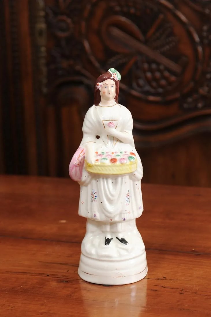Mid 20th Century Small English Porcelain Decorative Figurine Depicting Lady with Floral Basket - 2
