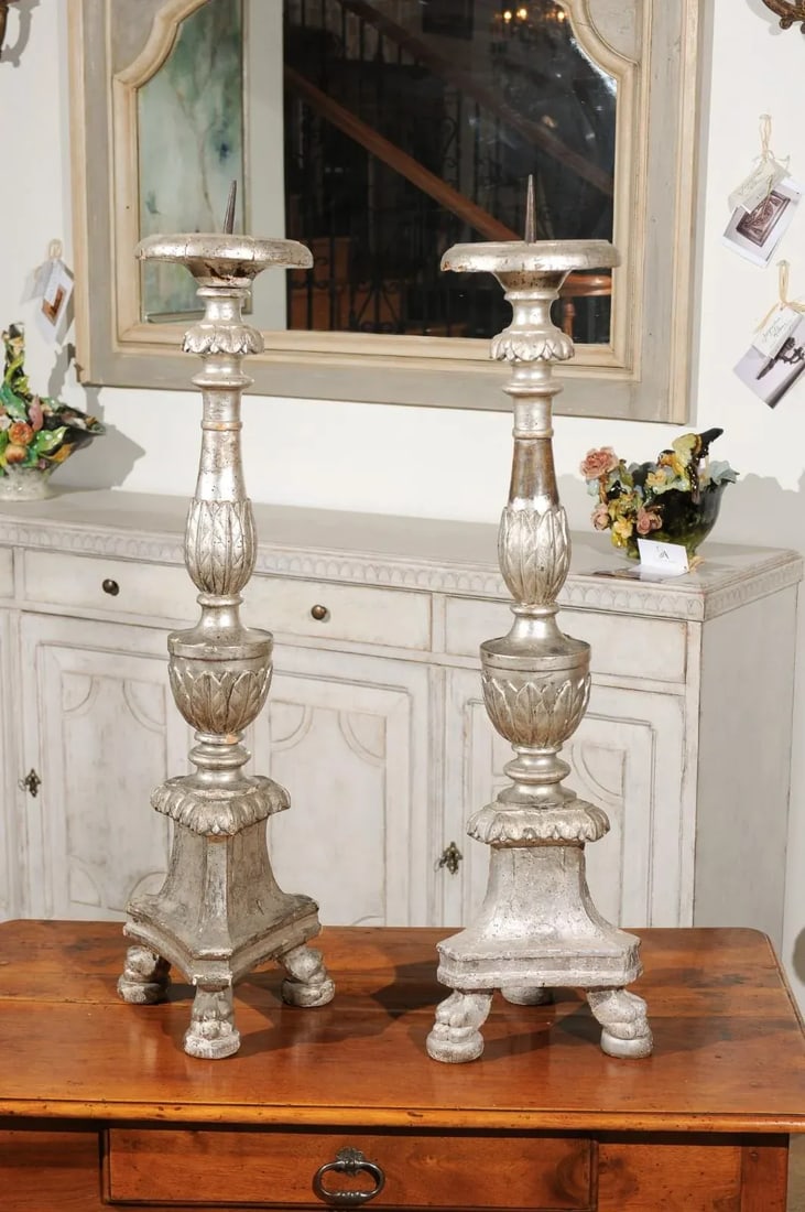 18th Century Italian Silver Candlesticks with Gilt Star & Waterleaves - a Pair - 10