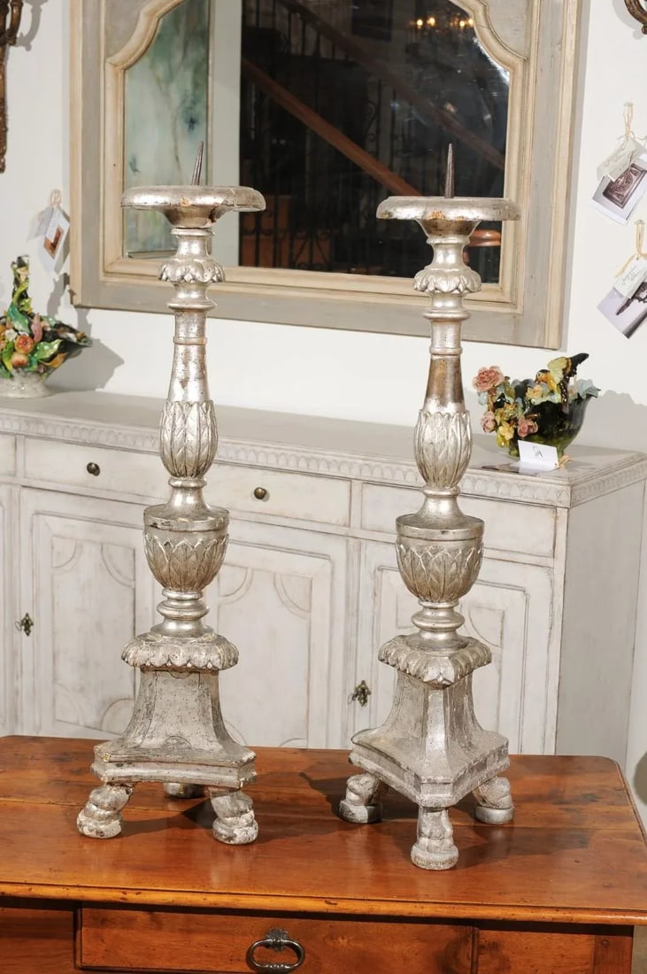 18th Century Italian Silver Candlesticks with Gilt Star & Waterleaves - a Pair - 11