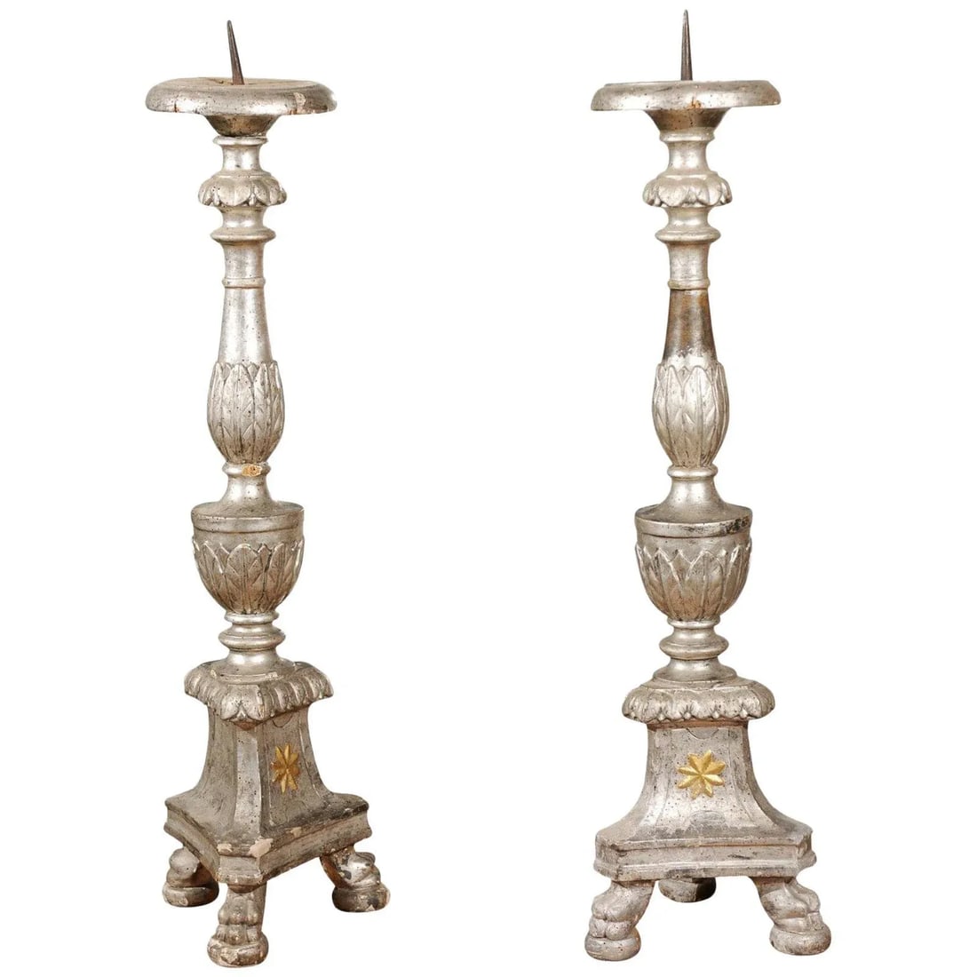18th Century Italian Silver Candlesticks with Gilt Star & Waterleaves - a Pair - 12