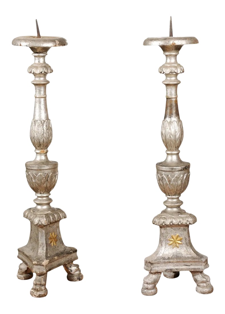 18th Century Italian Silver Candlesticks with Gilt Star & Waterleaves - a Pair: A pair of Italian 18th-century tall silver-gilt candlesticks prickets with waterleaf motifs and gold gilt star. Born in Italy during the 18th century, each of these exquisite pair of silver-gilt candl