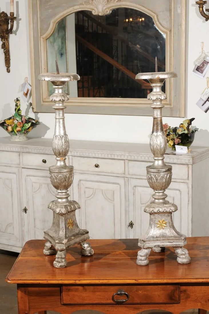 18th Century Italian Silver Candlesticks with Gilt Star & Waterleaves - a Pair - 2
