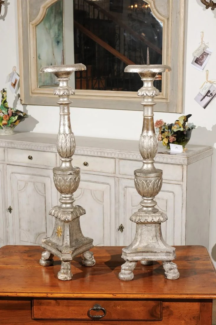 18th Century Italian Silver Candlesticks with Gilt Star & Waterleaves - a Pair - 3