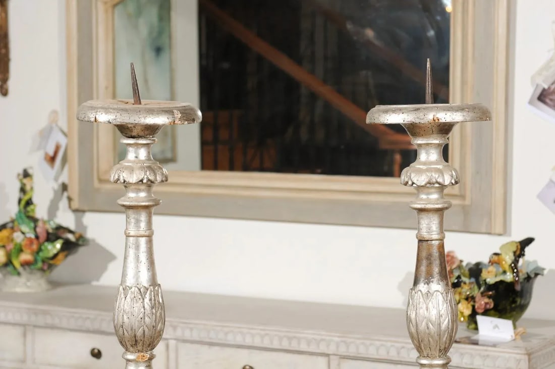 18th Century Italian Silver Candlesticks with Gilt Star & Waterleaves - a Pair - 5