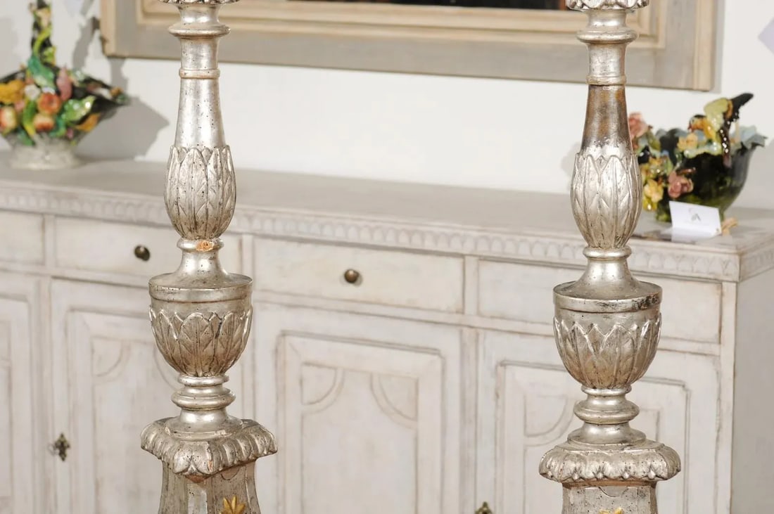 18th Century Italian Silver Candlesticks with Gilt Star & Waterleaves - a Pair - 6