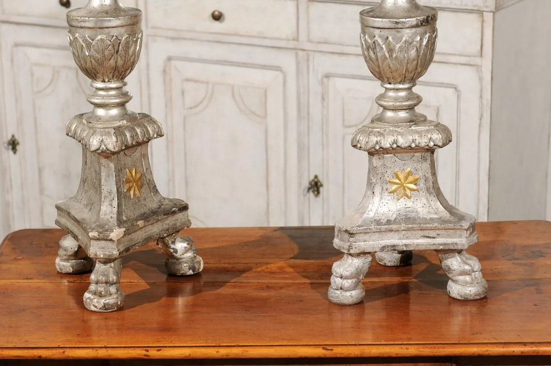 18th Century Italian Silver Candlesticks with Gilt Star & Waterleaves - a Pair - 7