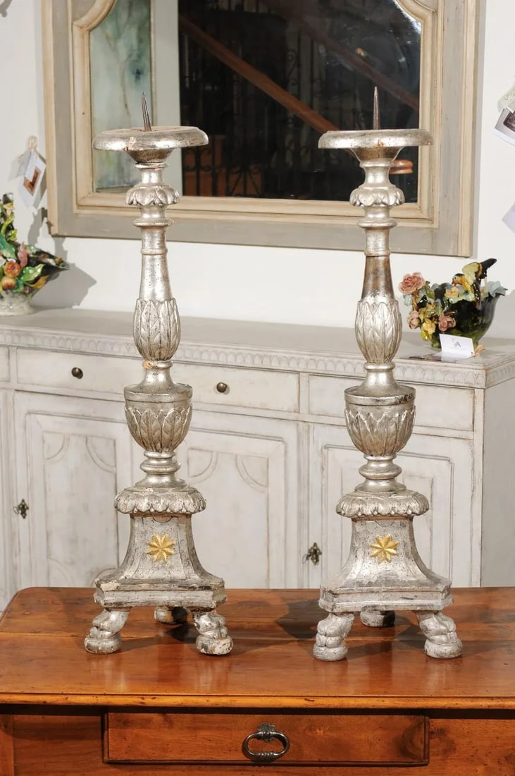 18th Century Italian Silver Candlesticks with Gilt Star & Waterleaves - a Pair - 8