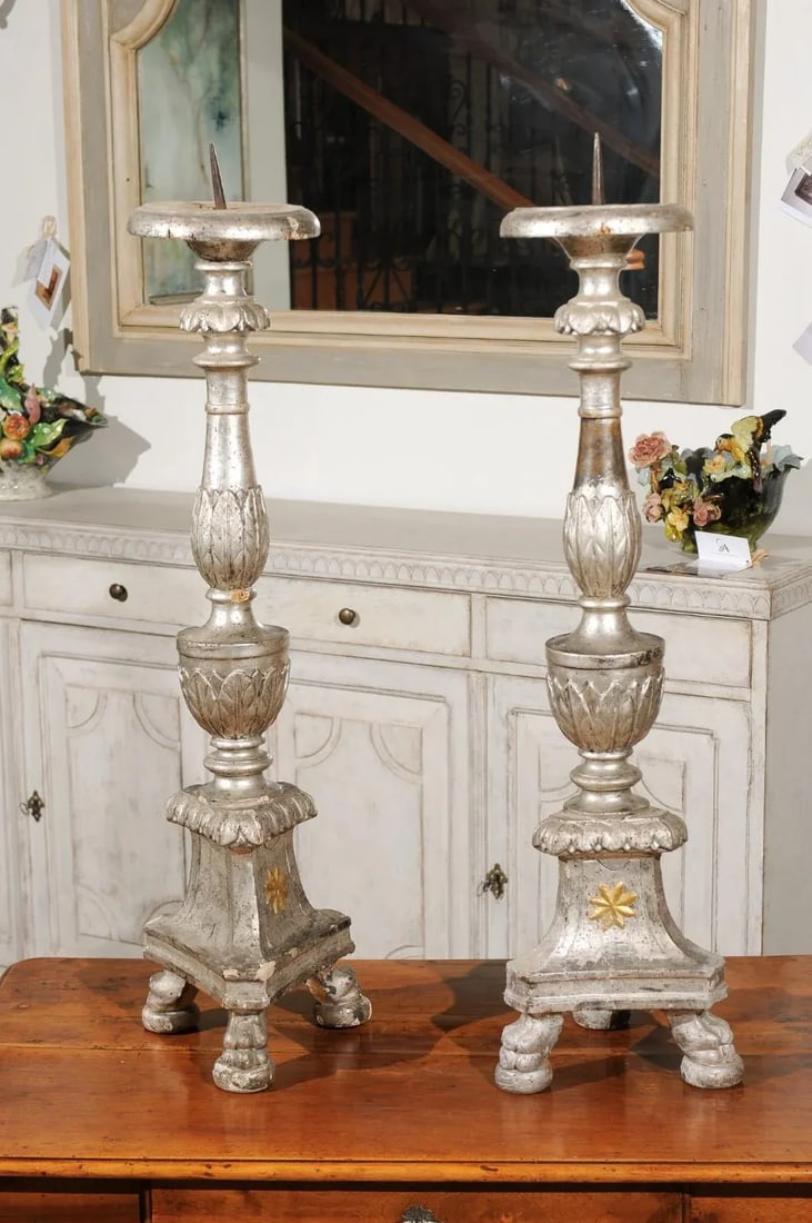 18th Century Italian Silver Candlesticks with Gilt Star & Waterleaves - a Pair - 9