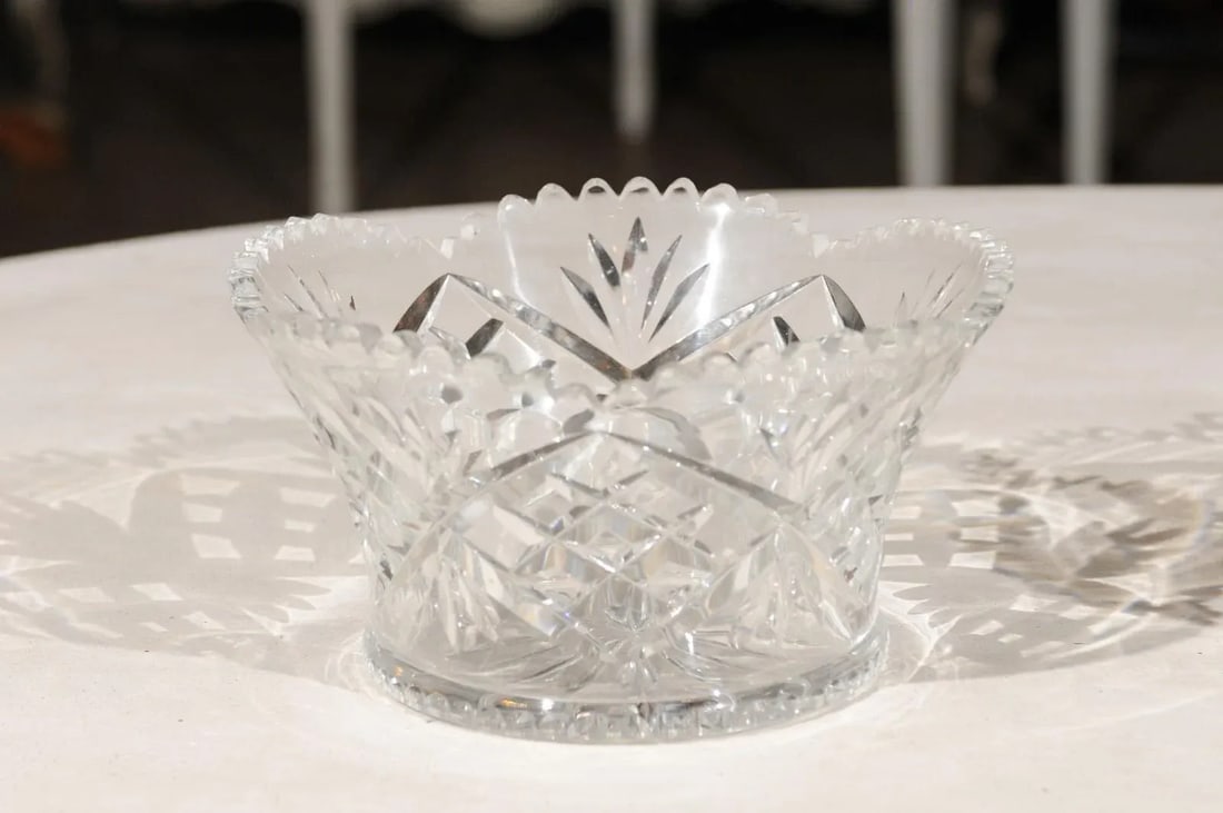 Circa 1900 English Cut Crystal Bowl with Scalloped Top & Diamond Motifs - 6