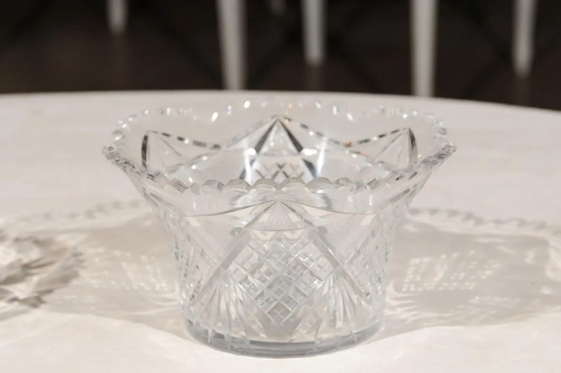 Circa 1900 English Cut Crystal Bowl with Scalloped Top & Diamond Motifs - 7
