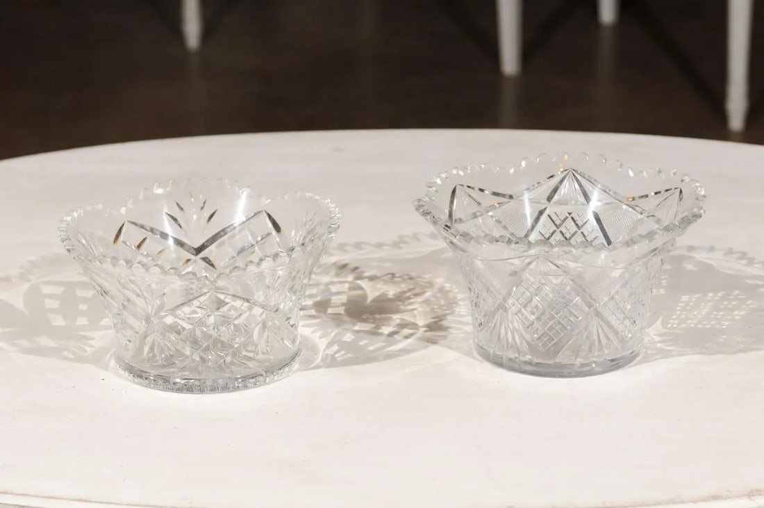 Circa 1900 English Cut Crystal Bowl with Scalloped Top & Diamond Motifs - 8