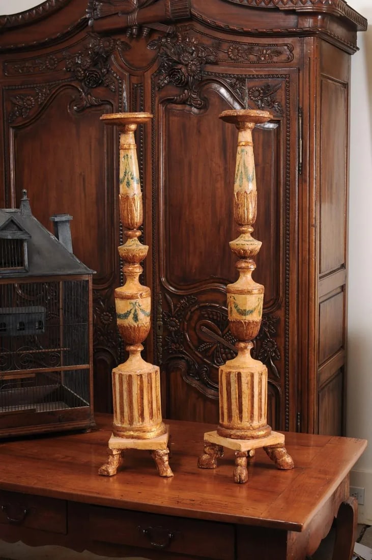 18th Century Neoclassical Painted & Gilded Candlesticks with Hoof Feet - a Pair - 10