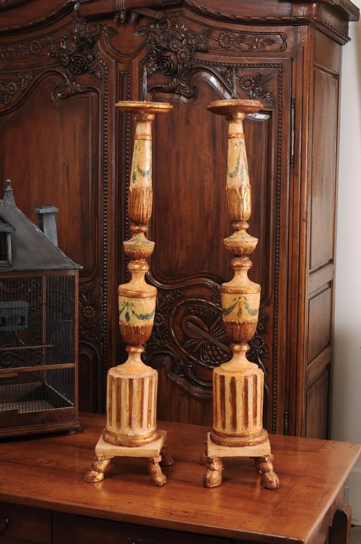 18th Century Neoclassical Painted & Gilded Candlesticks with Hoof Feet - a Pair - 11