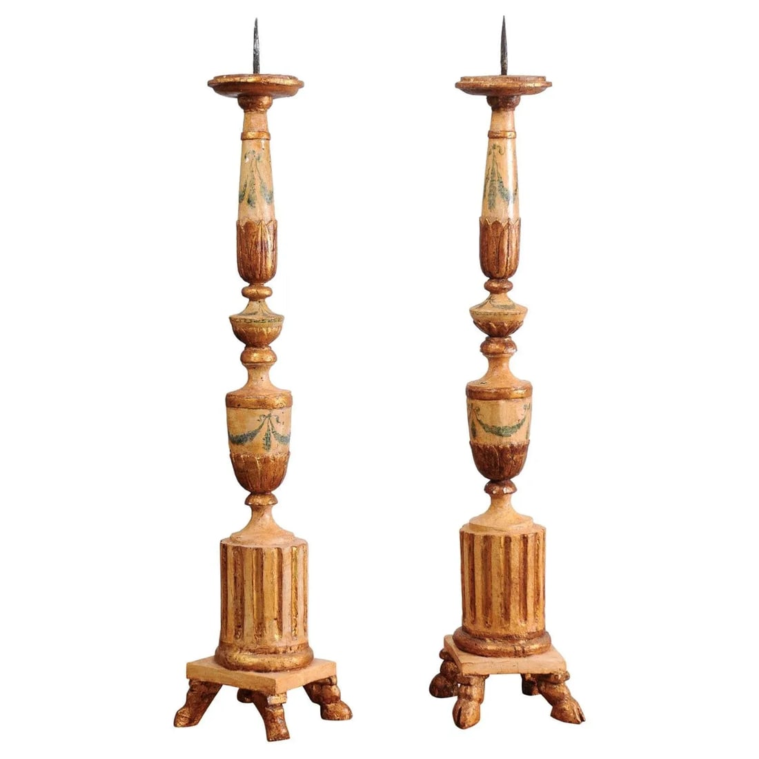 18th Century Neoclassical Painted & Gilded Candlesticks with Hoof Feet - a Pair - 12
